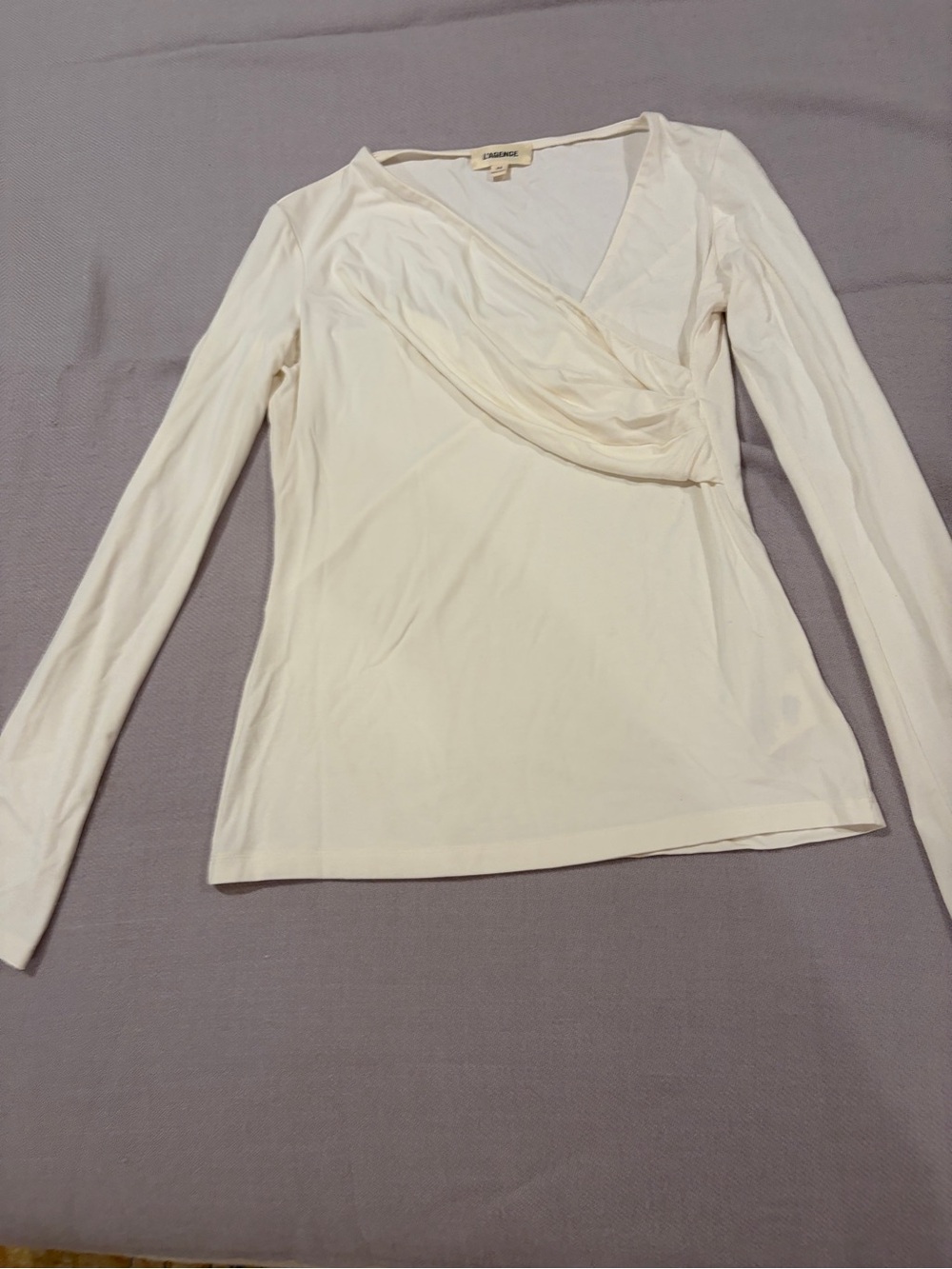 L'AGENCE Asymmetrical Draped Cream Wrap-Style Long Sleeve Top